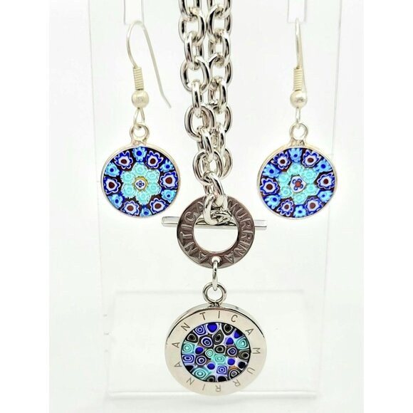 Antica Murrina Toggle Murano Glass Pendant Toggle Necklace Earrings,  Set Signed - Picture 3 of 6